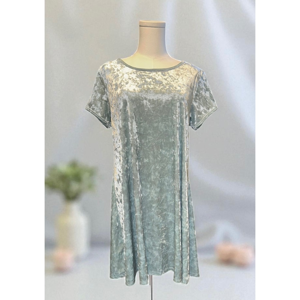 Z Supply Crushed Velour Swing Dress Blue Smoke Medium Short Sleeve Casual NEw‎